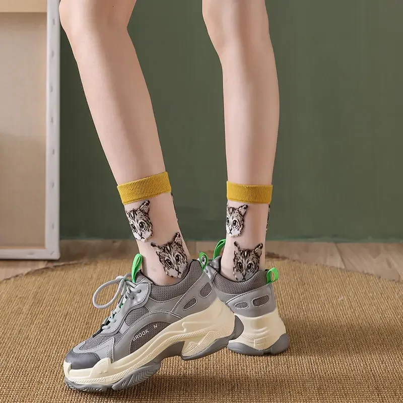 Women Transparent Cute Cat Socks Korean Fashion Ladies Summer Thin Crystal Silk Socks JapaneseTrendy Kawaii Glass Fiber Socks