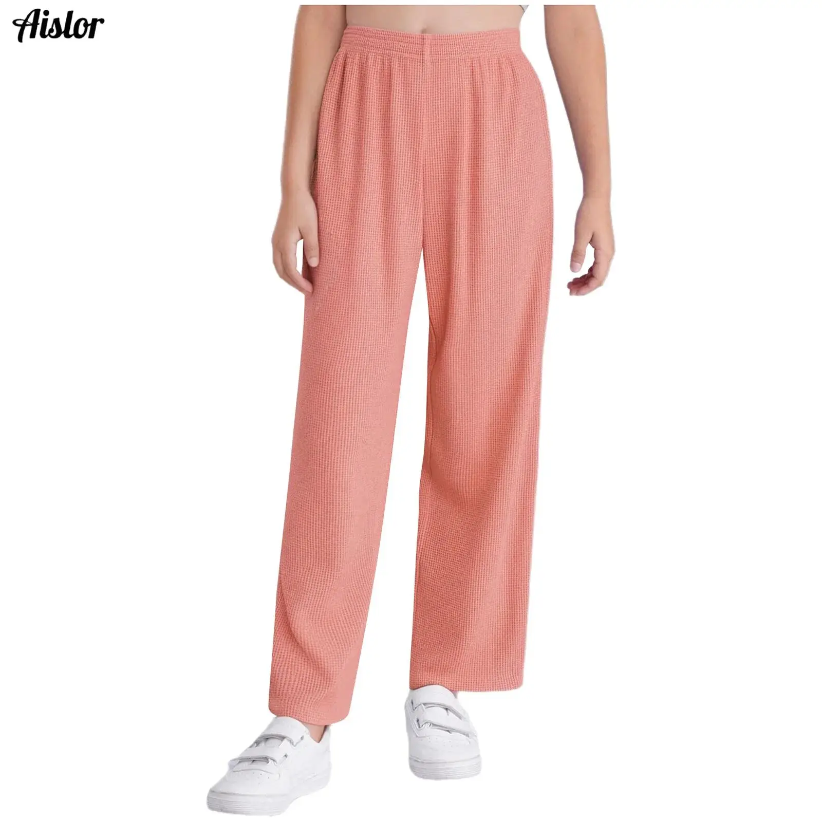 

Kids Girls Pants Straight-Leg Pants Casual Purity Elastic Waistband Waffle Texture Trousers for Picnic Park Holiday Sportswear