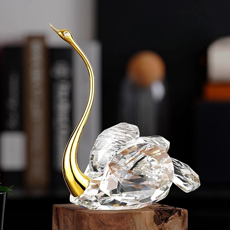 Glass Handicrafts Crystal Swan Simulated Bird Swan Couple Animal Sculpture Golden Metal Figurine Home Decoration Accessories
