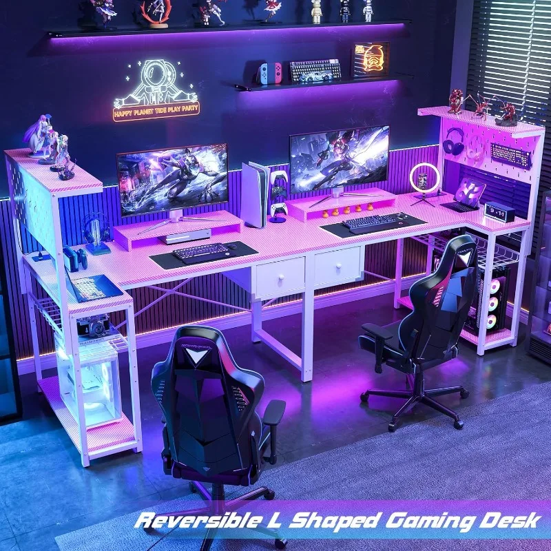 L Shaped Gaming Desk with Drawer & Pegboard, 47 inch LED Small Computer Desk with Power Outlet & Storage Shelves