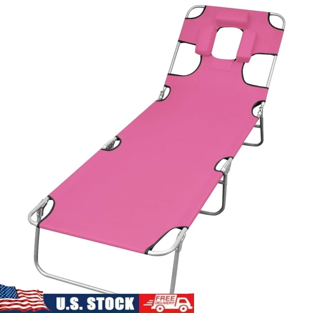 

Adjustable Folding Sun Lounger with Head Cushion Lightweight Pink Silver Outdoor Bed Storage Bag Travel-friendly Iron Frame