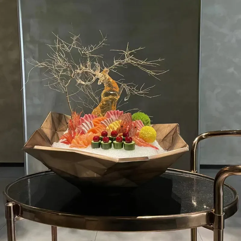 Realistic Salmon Sashimi Resin Plate Decorative Fake Seafood Display Tray for Restaurant Commercial Tableware Ice Bed