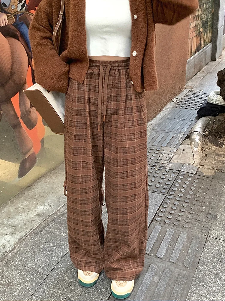 

Lin Da Hui Vintage Casual Plaid Pants Women's Loose High Waist Drapey Straight Leg Floor-Length Wide Leg Pants Autumn Winter