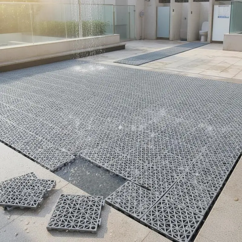 Splicing Gridding Mat 12" x 12" x 0.6" For Restroom Bathroom Kitchen, 55PCS Soft PVC Interlocking Modular Design Grey Color Square Drainage Holes Accessory