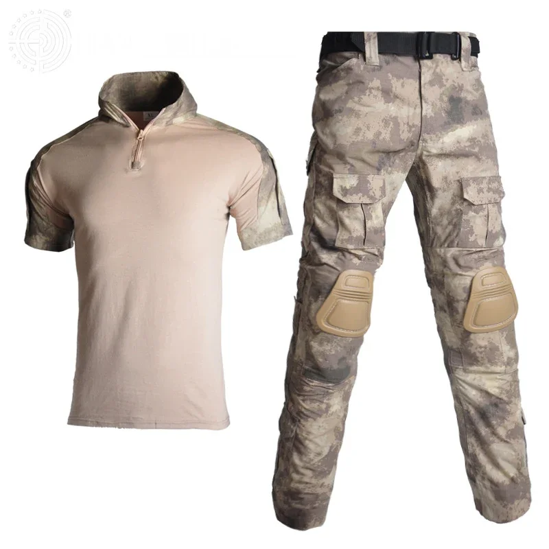 Uniforme tattica tuta da trekking da uomo camicia estiva a maniche corte + pantaloni ginocchiere Camouflage softair Paintball abbigliamento da caccia