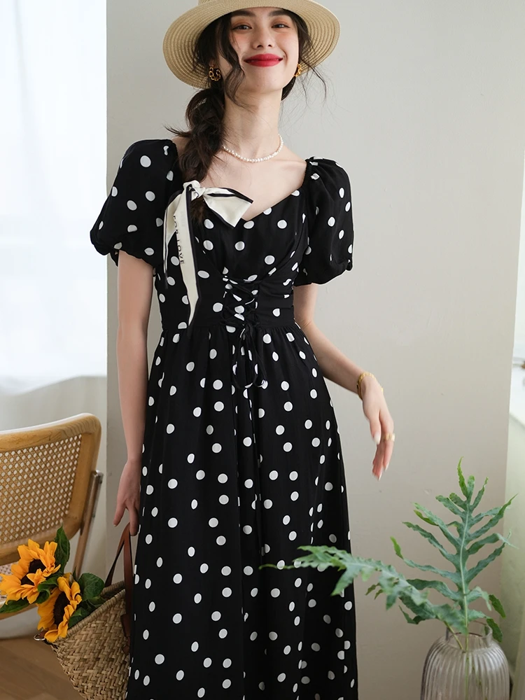 

Retro Polka Dot Bubble Sve Belted Dr Summer New Sle High Waist Midi Skirt Korean Sle Heart Collar Zipper A-Line Dr