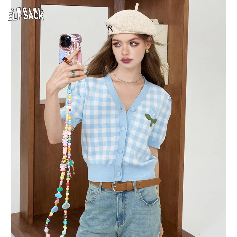 

2024 Summer ELFSACK New Arrivals Plaid knitted sweater for women, slim fit short sleeved cardigan