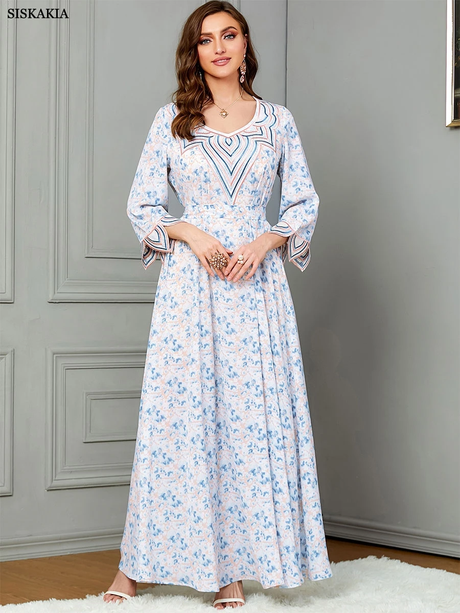 

Siskakia Fashion Embroidery Printed V-neck Flower Long Sleeves Kaftan Abaya Dubai Floral Dress With Belt Casual Elegant