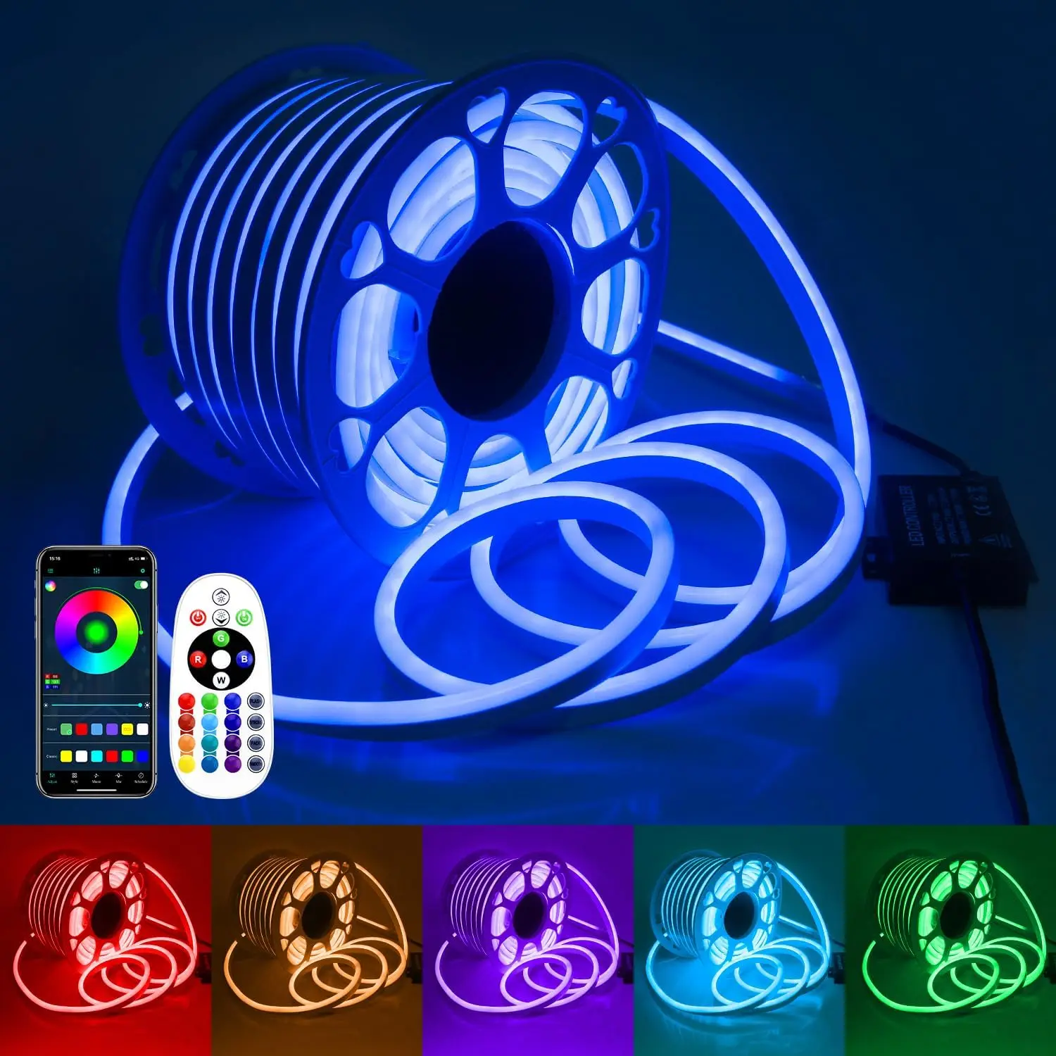 LED Neon Rope Light 148FT Waterproof LED Neon Light Strip Multi Color with Bluetooth App Remote Music Sync AC 110-13