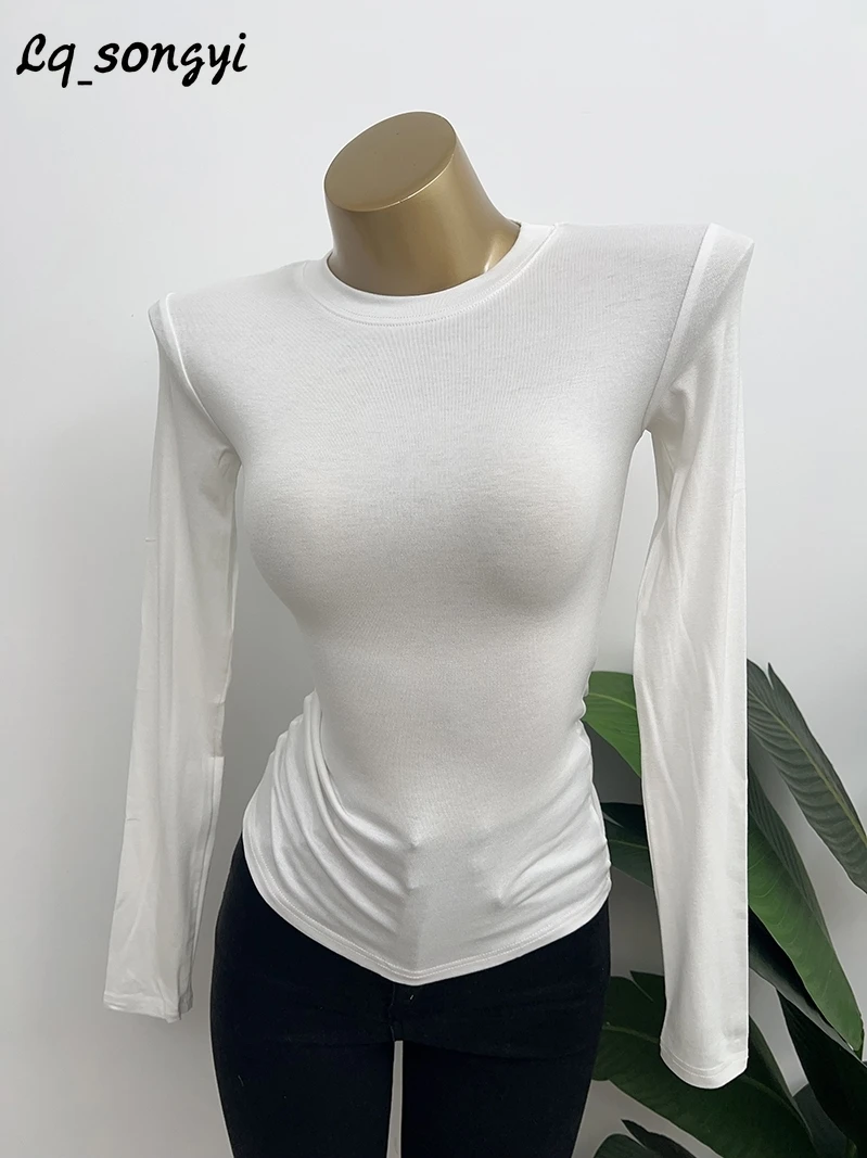 Lq_songyi See-through O Neck T Shirts Slim Fit Tops Women Irregular Tight Top 2024 Spring Long Sleeve Solid Sexy Thin T Shirt