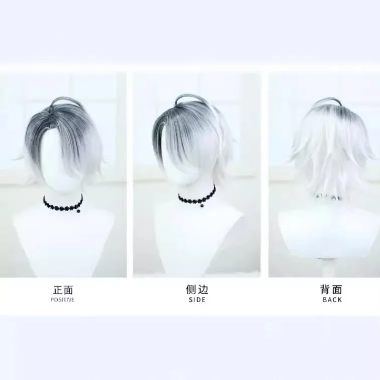 Die fünfte Ge-Cosplay-Perücke für den Patienten Xingchen – schwarzes und graues Farbverlaufs-Kurzhaar des Psychologen mit umgedrehtem Stil