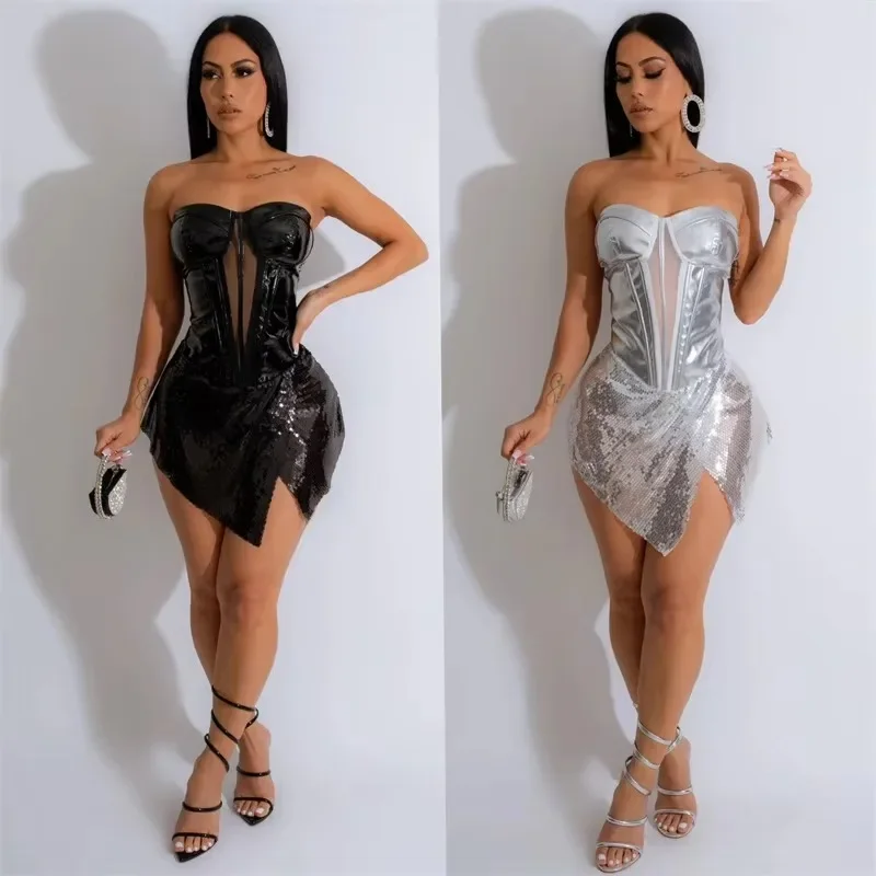 Vestido Sexy de malla de cuero con lentejuelas para mujer, Vestido de noche para fiesta de cumpleaños, sin tirantes, sin espalda, transparente, para discoteca