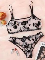 Sexy Floral Print Mesh Lingerie Set - Sheer Tulle Bra & Panties for Women - Seductive Underwear & Lingerie