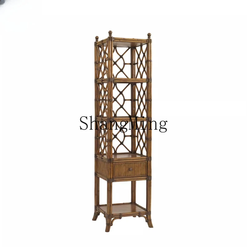 

ZYY solid wood carved bamboo rattan bookshelf floor storage compartment creative storage display cabinet
