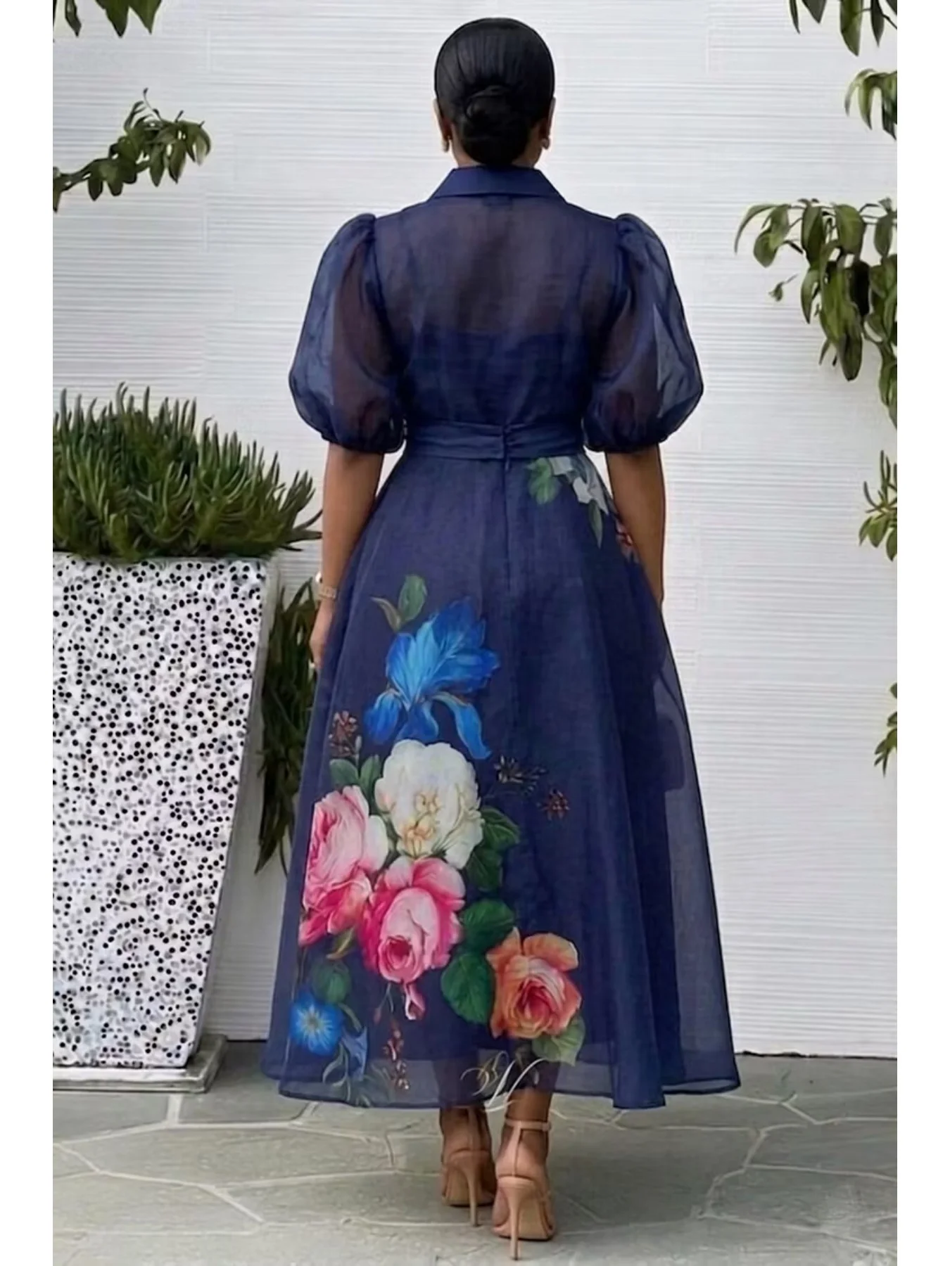 Women Floral Print Shirt Midi Dress Puff Short Sleeve Collared Button Front Self Tie Waist Elegant Casual Plus Size Dress No Inn