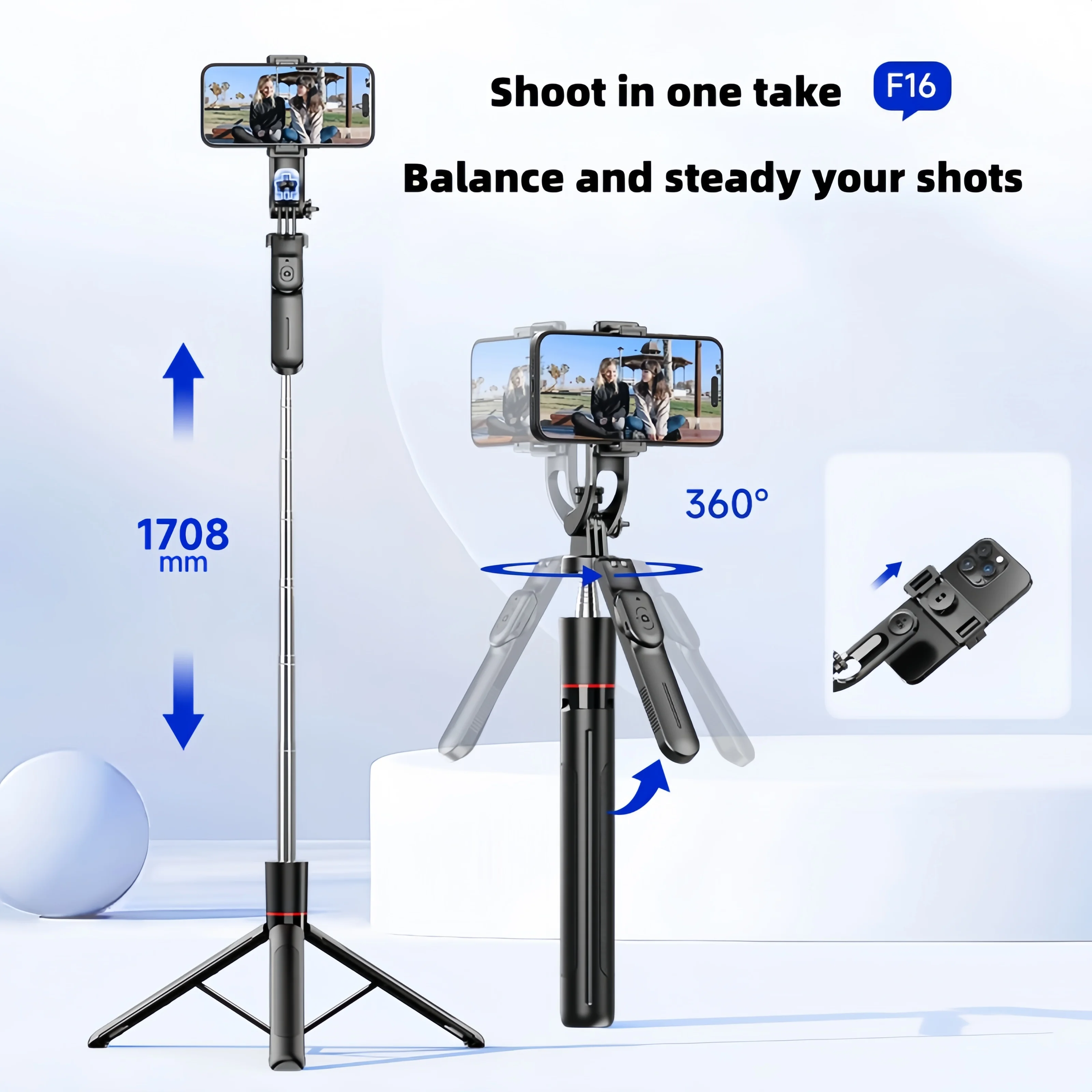 WIFIT F16 Selfie Stick with Adjustable Tripod, 360° Shooting, Detachable Phone Holder, Bluetooth,1.7m Telescopic,Android/iOS