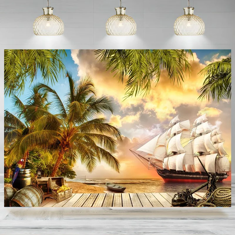 Beach Island Pirate Ship Backdrop Ocean Seascape Palm Trees Photographic Background Wooden Floor Barrels Halloween Theme Banne