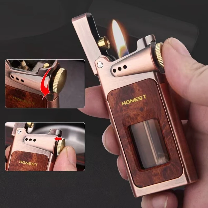 Nouveau briquet au kérosène HONEST à allumage en un clic, réservoir transparent grande capacité, coupe-vent, motif bois rétro, cadeau pour homme