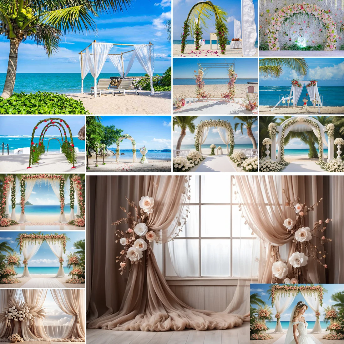 

MOON.QG Seaside Beach Wedding Backdrop Summer Tropical Bridal Photo Background Engagement Flower Hawaiian Home Video Decor