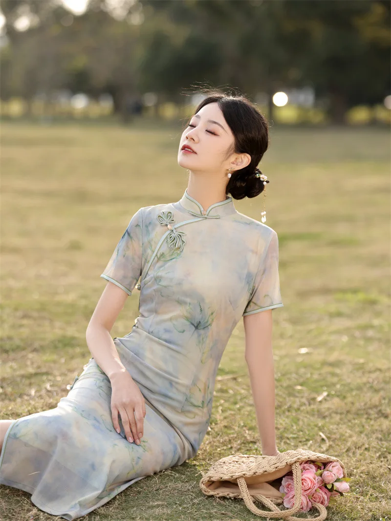 women printing slim dress Vintage Old Shanghai Retro Chinese Style Long Short sleeved dress 2024 Summer New Women's dress