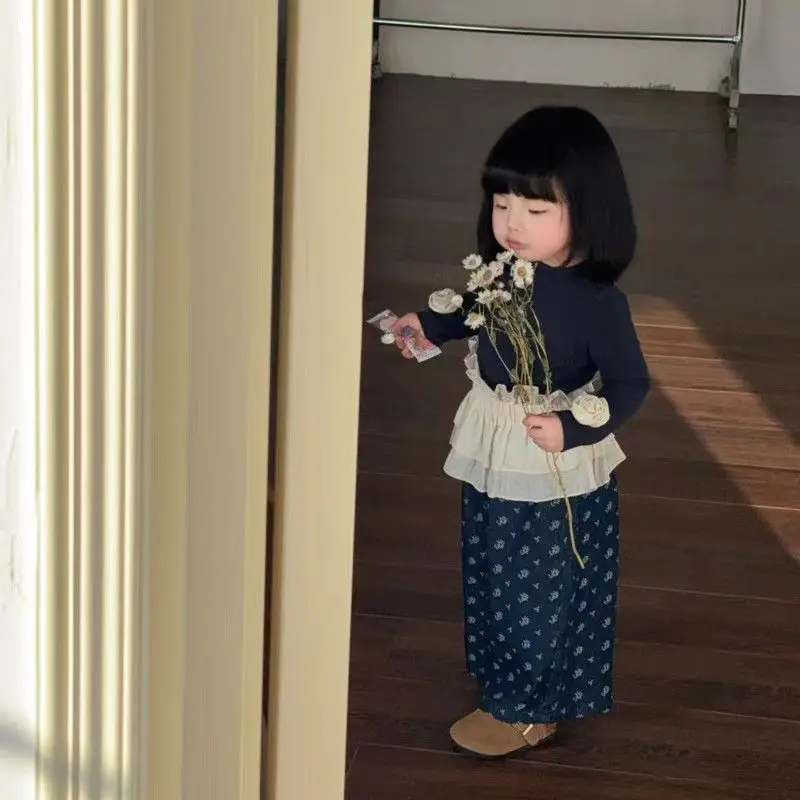 Girls childrens clothing niche long-sleeve T-shirt childrens 2026 spring new set delicate two-piece set for toddlers