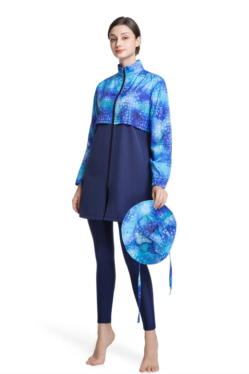 Summer Muslim Women Full Coverage Burkini Swimsuit 3pcs Long Sleeve Top Pants With Hat Modest Conservative Beach Bathing Suit
