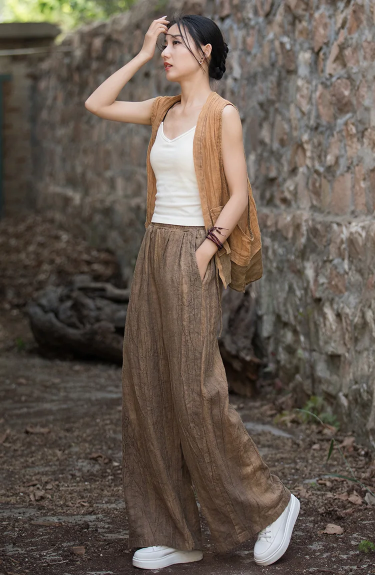 Bohemian Tie-Dye Wide Leg Pants - Stonewashed Ramie Blend Relaxed Fit Trousers