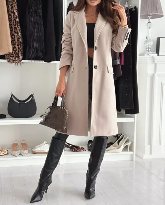 

Wool coat 2024 autumn/winter new women's fashionable casual elegant simple long sleeved solid color single breasted coat