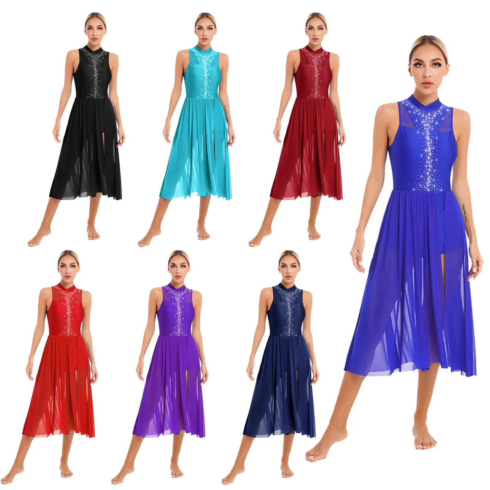 Womens Contemporary Lyrical Dance Dress Sleeveless Sparkly Rhinestone Split Leotard Dresses Ballet Ballroom Performance Costume