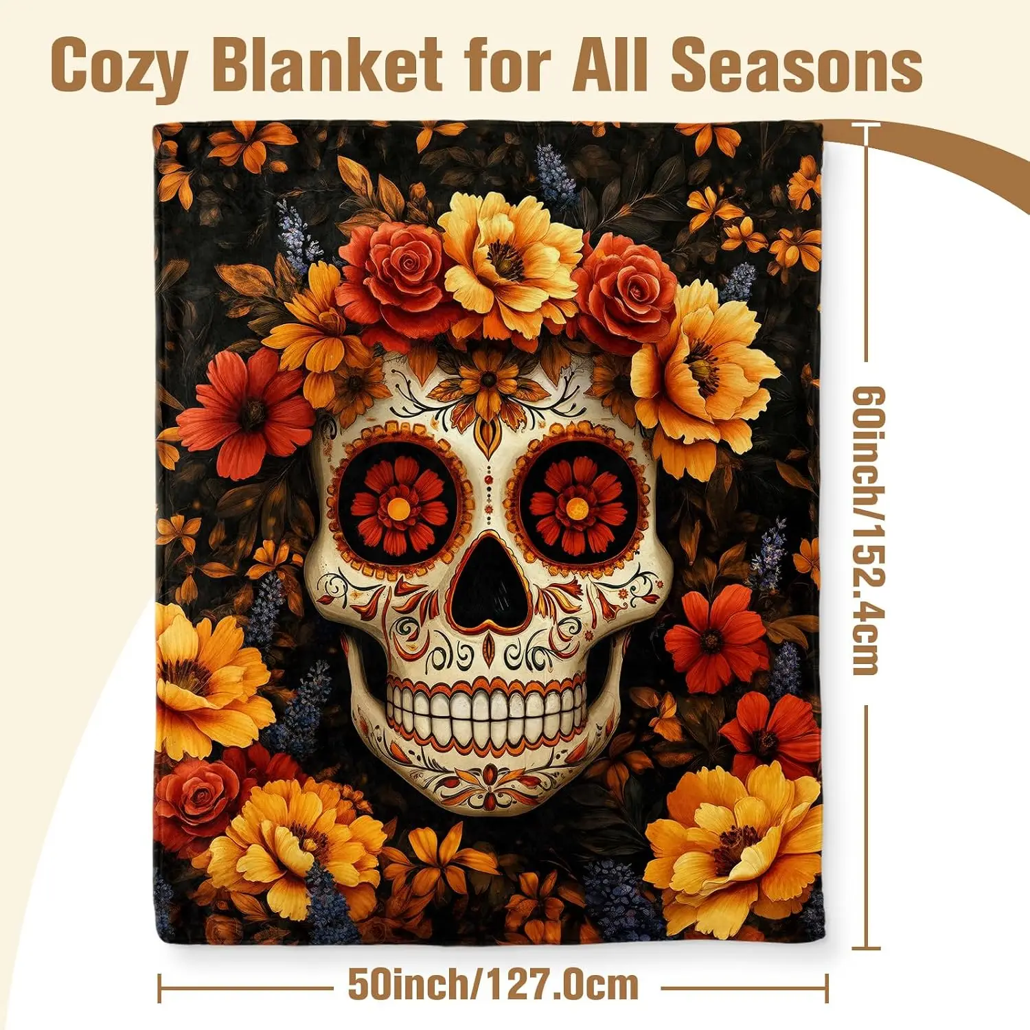 Aimego Sugar Skull Throw Blanket Gifts for Women Halloween Skull Throw Blanket Gothic Skeleton Day of The Dead Blankets and Throws for Couch Sofa Bed for Kids Adult Women(50X60 Inch)