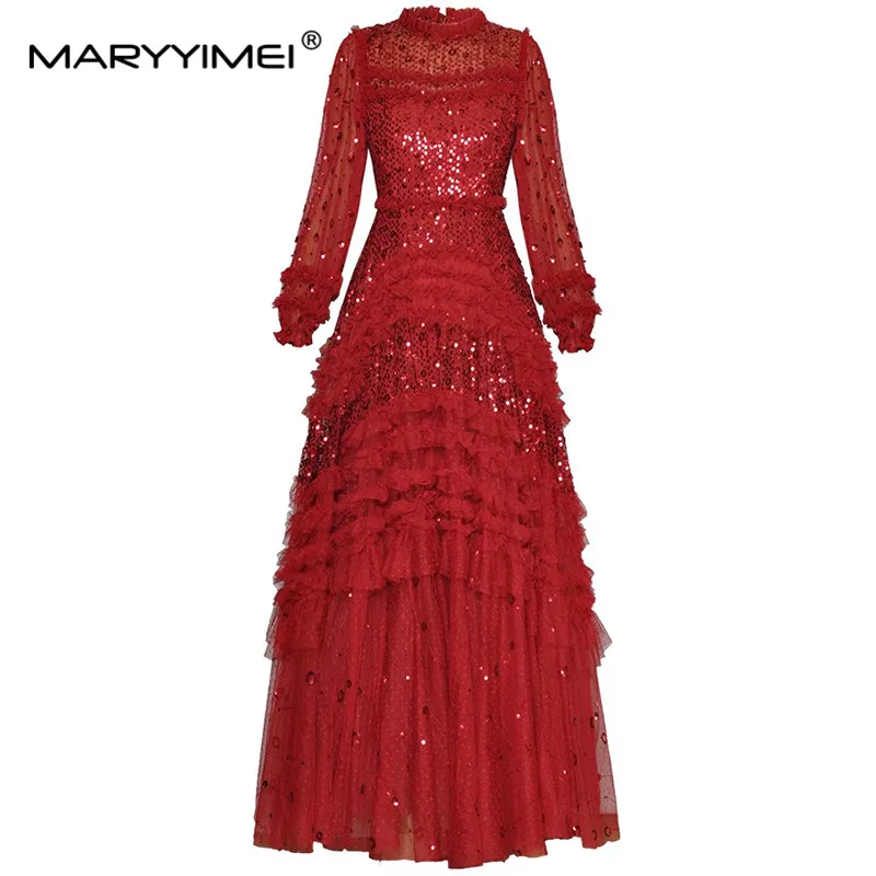 MARYYIMEI Fashion Autumn Winter Women\'s Ball Gown dress Long sleeved Mesh Sequin Tiered ruffles Elegant Party Maxi Dresses