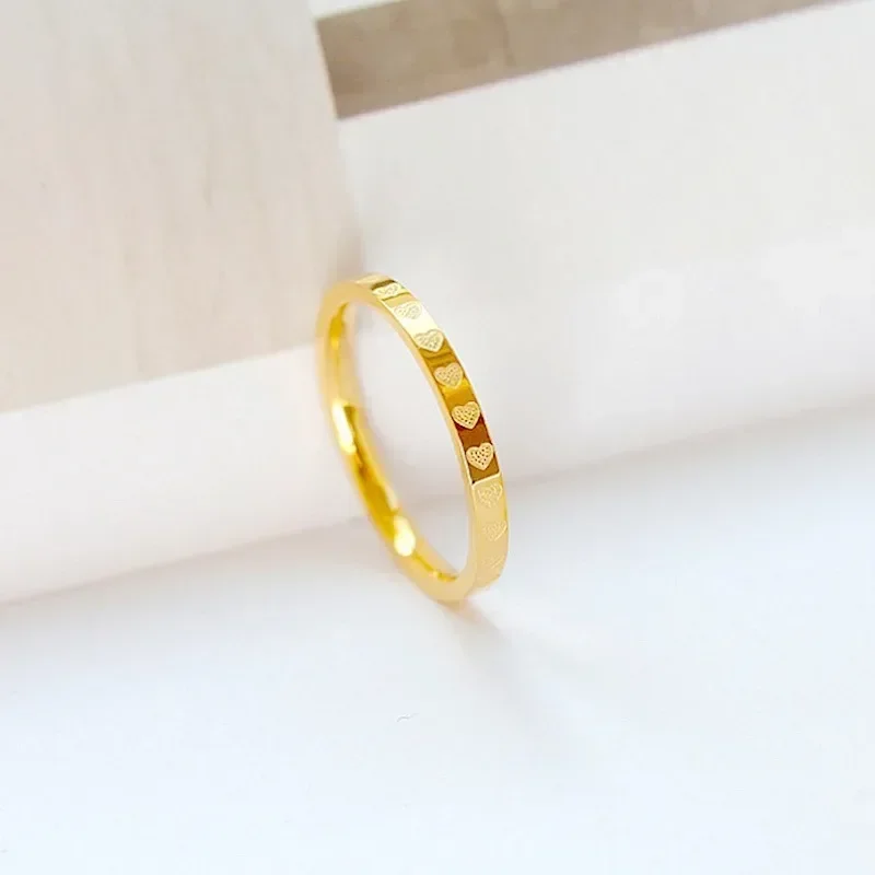 Golden Stainless Steel 2mm Heart Rings Women Size 5/6/7/8/9/10# Thin Finger Ring Wedding Band Engagement Jewelry Girlfriend Gift