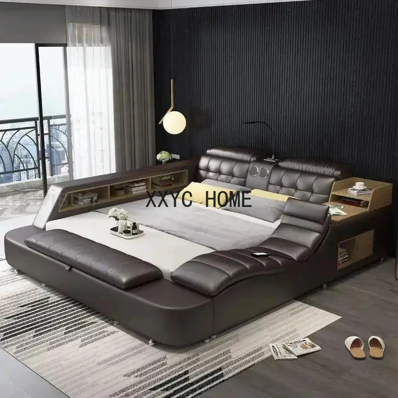 

Genuine Leather Bed Frame Soft Beds Massager Storage Safe Speaker Bedroom Furniture Cama Iphone Recharging Bluetooth Double Bed