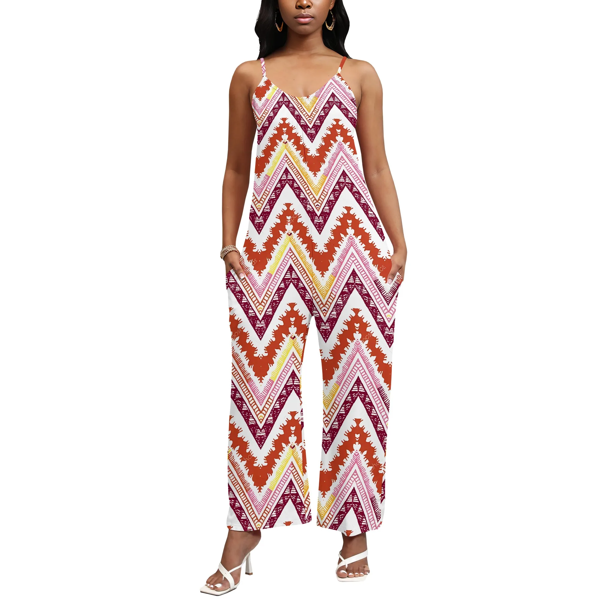 EQQZD Waveform Pattern Print Jumpsuit with Pockets, Sleeveless V-Neck Spaghetti Camisole Top Wide Leg Pants Jumpsuit