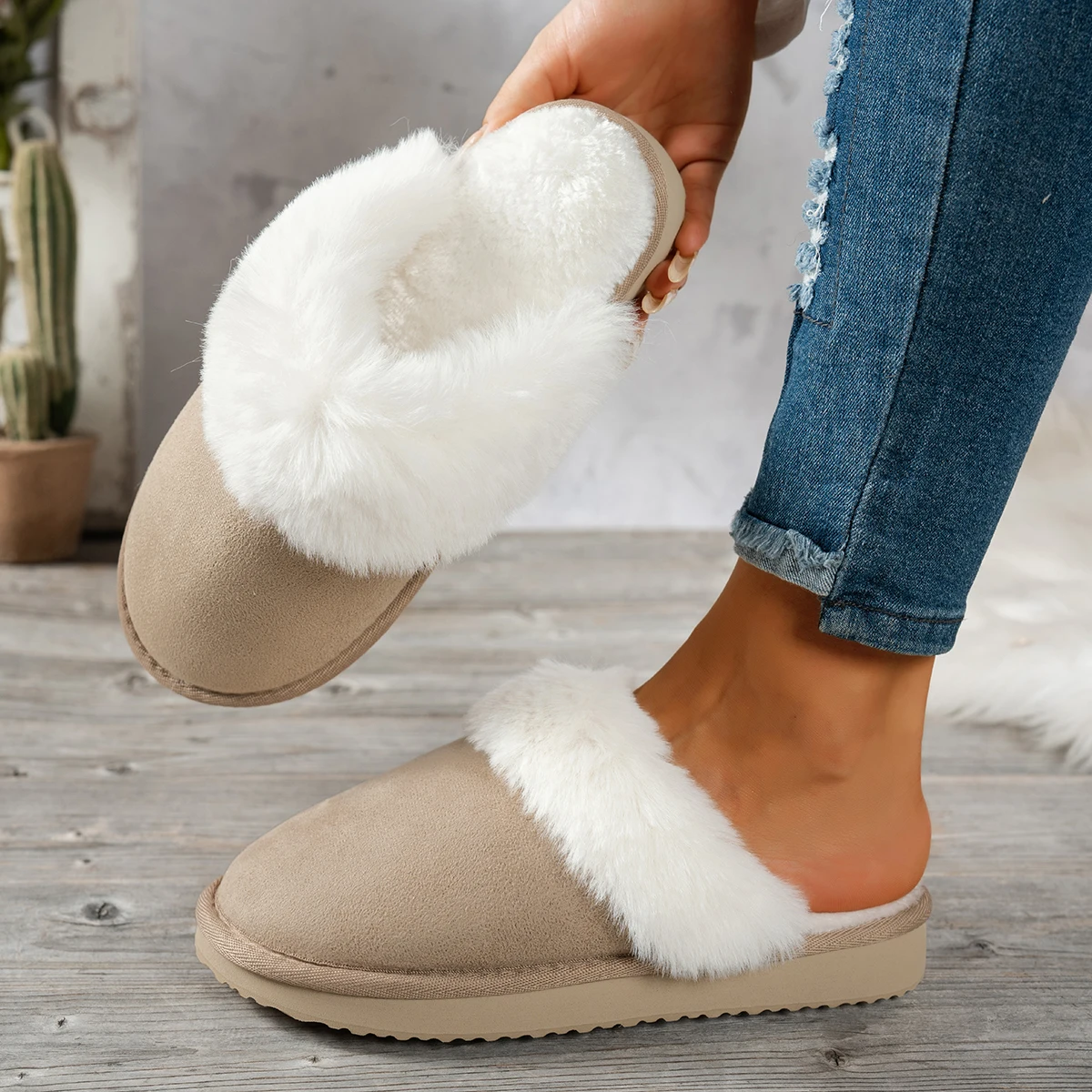 المرأة الشتاء بلون دافئ عدم الانزلاق مريحة كعب منخفض الانزلاق على شبشب منزل عادية سميكة لينة نعال قماش #3
