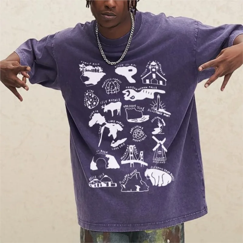 

Oversized Letter Animal Print T-Shirt American Trendy Washed Tee Blouse Men Loose Shoulder Down Short Sleeves Shirts Men Clothes