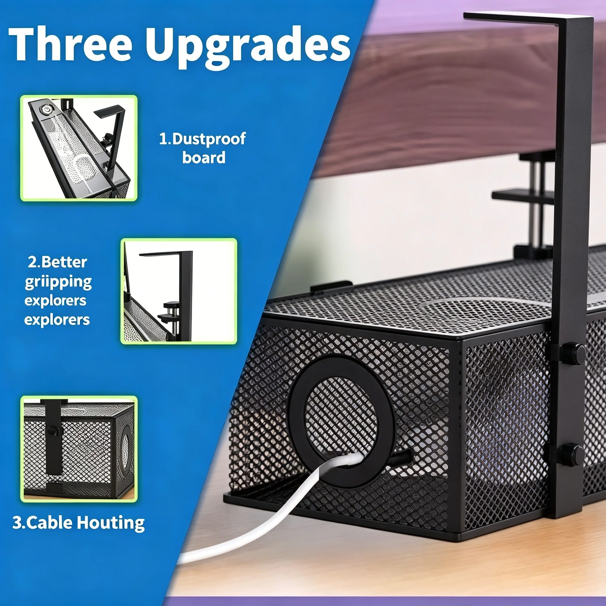 Under Desk Cable Management Tray, Black 1 Pack, Thin Steel Cord Organizer, No Drill Clamp Mount, Wire Management for Office Desk view 5