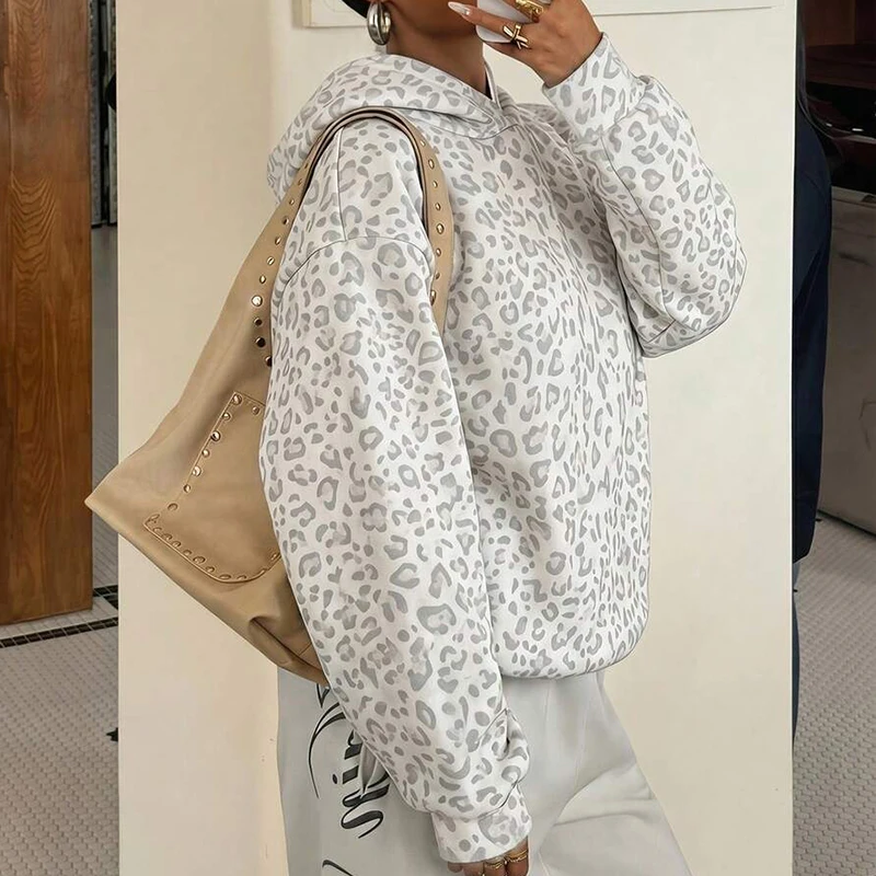 Lady Comfortable Splice Office Commute Hoodie Sweatshirt Casual Hat Collar Loose Hoodie Trendy Leopard Print Long Sleeved Hoodie