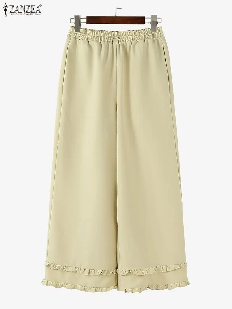 ZANZEA moda pantalones de cintura elástica pantalones largos de mujer 2025 otoño con volantes Casual sólido pantalones de pierna ancha ropa de calle pantalones de trabajo