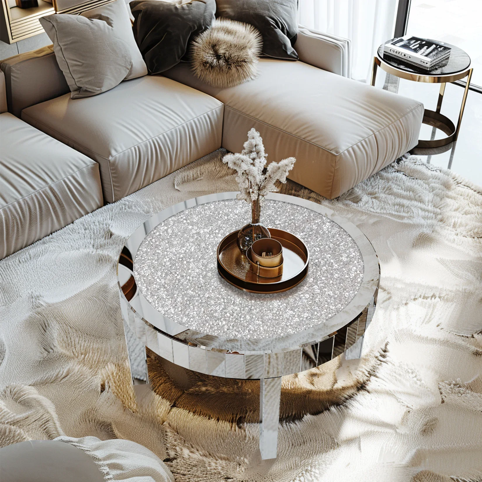 Modern Round Coffee Table with Mirror Surface, Silver Accent Table Living Room Mirrored Coffee Table with Crystal Inlay, 31.5''