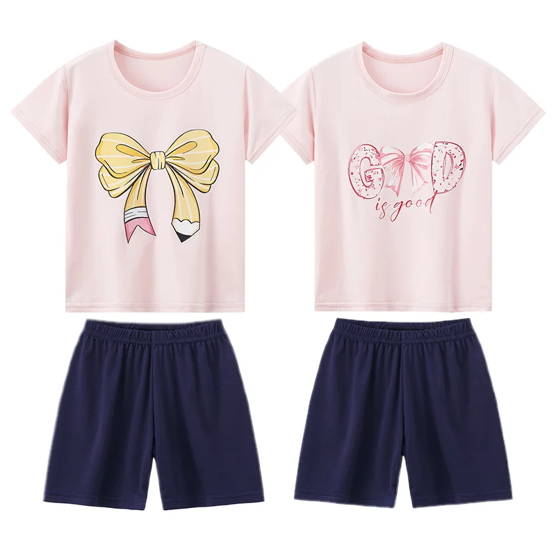 2 Piece Children's Casual Fashion Suit Girl Sweet And Lovely Bow Round Neck Shirt Comfortable And Versatile Elastic Waist Shorts
