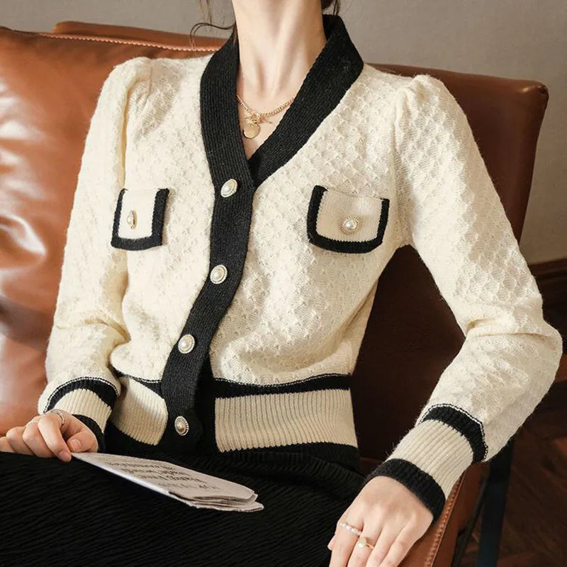 Korean Fashion Knit Sweater Women Autumn Winter V Neck Single Breasted Cardigans Chic Slim Crop Tops Casual Female Coats