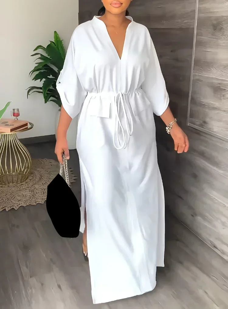 GUWU مكتب سيدة الخامس الرقبة الكشكشة مرونة الخصر سبليت الجانب ماكسي فستان نحيل الإناث الشارع الشهير Bodycon أنيقة النساء فساتين طويلة