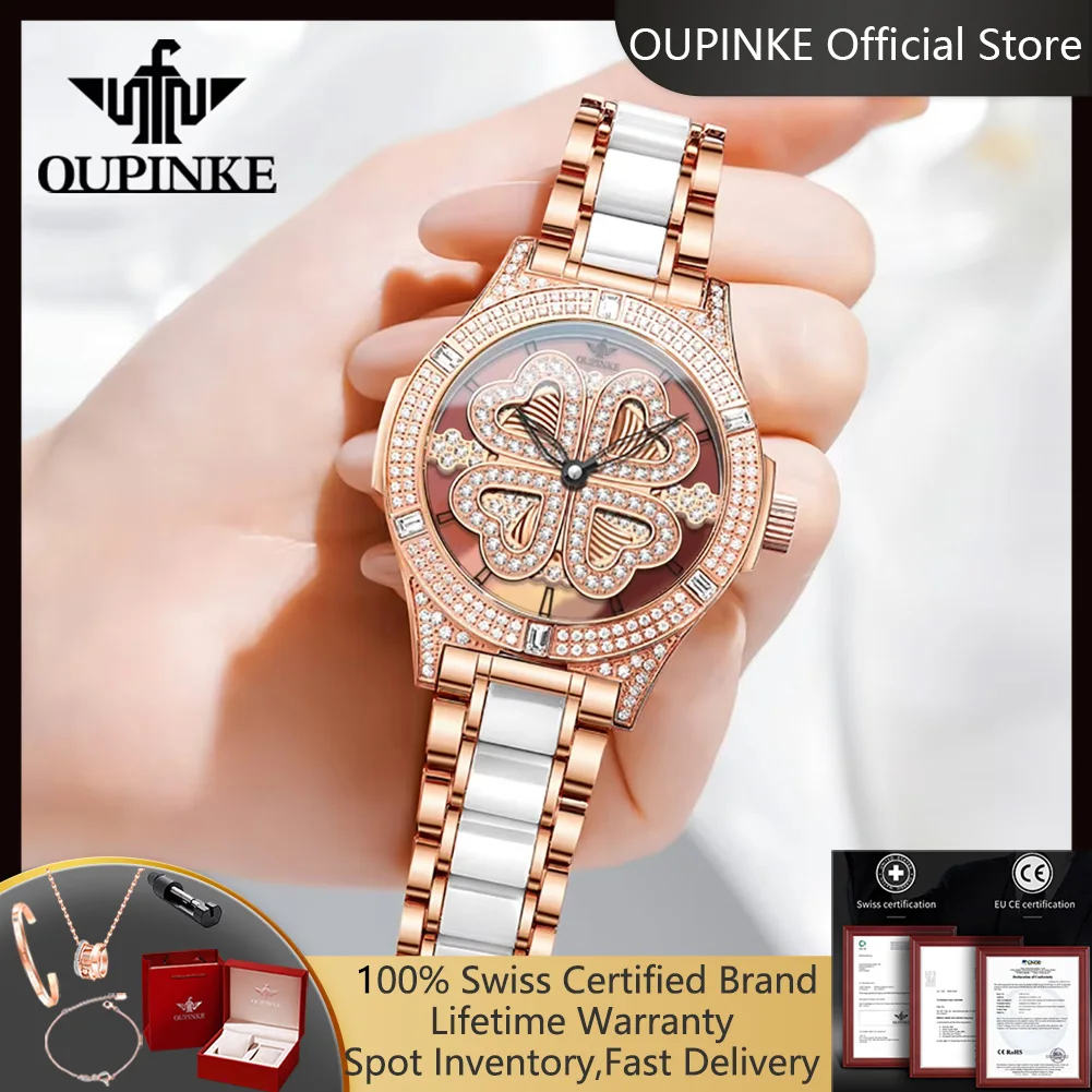 OUPINKE 3279 Swiss Quartz Wrist Watch For Women Elegant Ceramic Strap Transparent Hollow Diamond Original Luxury Women's Watches