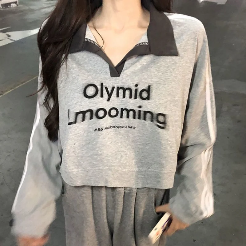 Letter Print Sweatshirt Women Autumn New Sweet Loose Slim Color Block Long Sleeve Top
