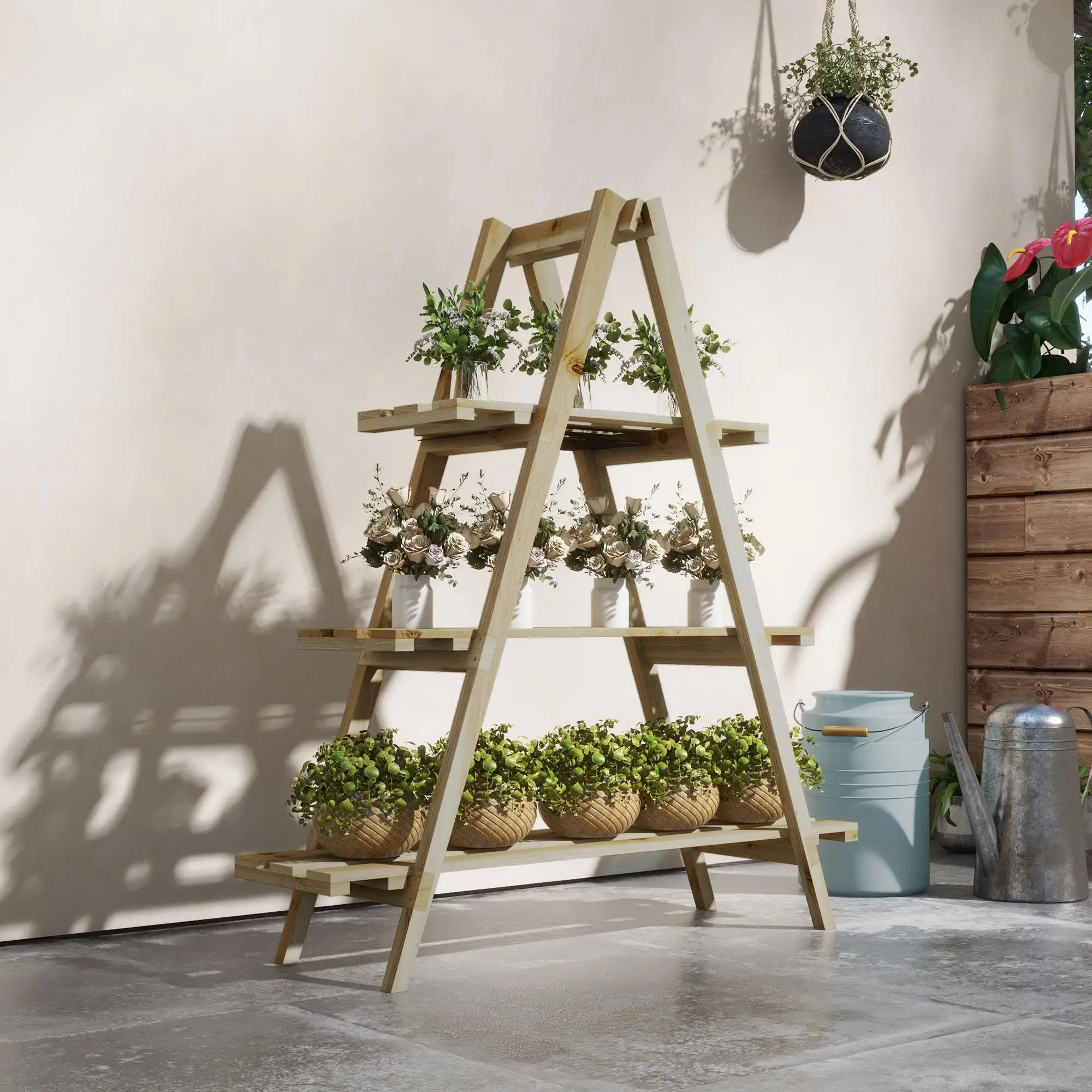 Support pour plantes en bois à 3 niveaux en forme de A, naturel, 100x36x112 cm