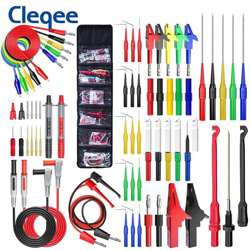 

Cleqee P1957 64PCS Multimeter Wire Piercing Probes Test Leads Kit with Puncture Needle 4mm Banana Plug Alligator Clip