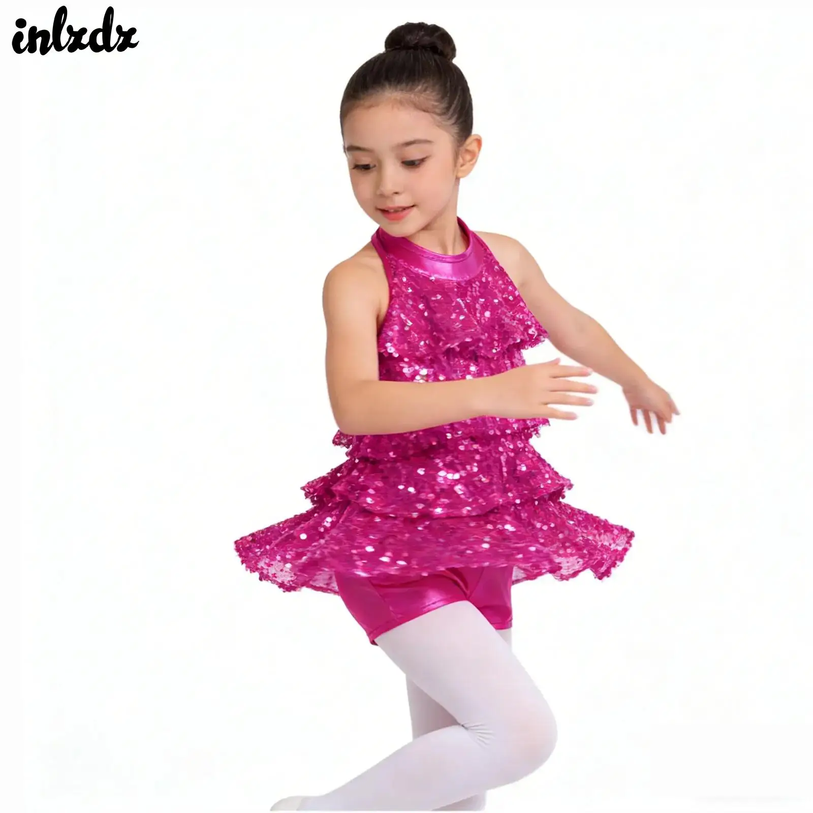 

Kids Girls Shiny Sequin Ballet Dance Shorty Unitards Gymnastics Artistic Skating Costume Latin Salsa Samba Rumba Leotards Dress