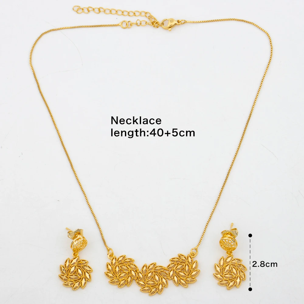 Dubai Italy Gold Color Jewelry Set for Women Simple Fashion Dangle Earrings Flower Leaf Star Pendant Necklace France Link Chain