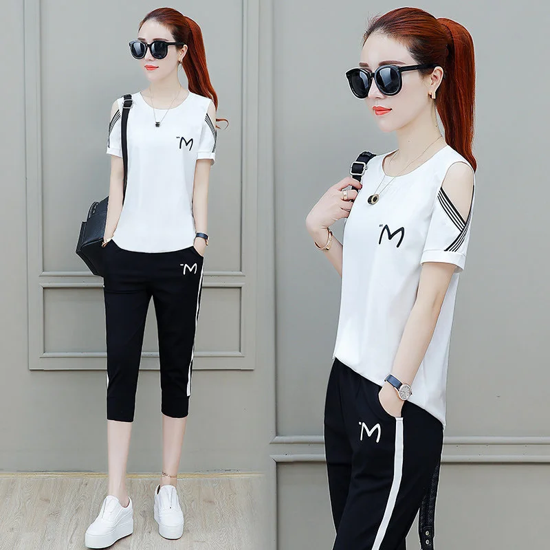 Women\'s Casual Suit Summer 2023 New Loose Sports Clothes Korean Short Sleeve T-shirt Capris Pencil Pants Two Piece Set For Women